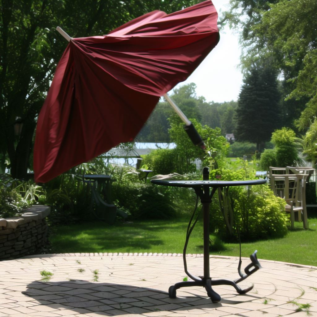 a red patio umbrella keeps blowing over