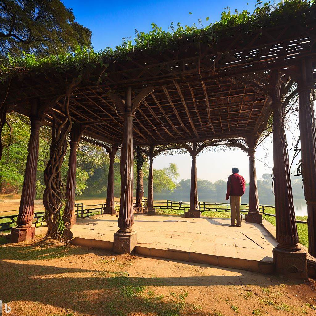 a pergola with a man in front of it