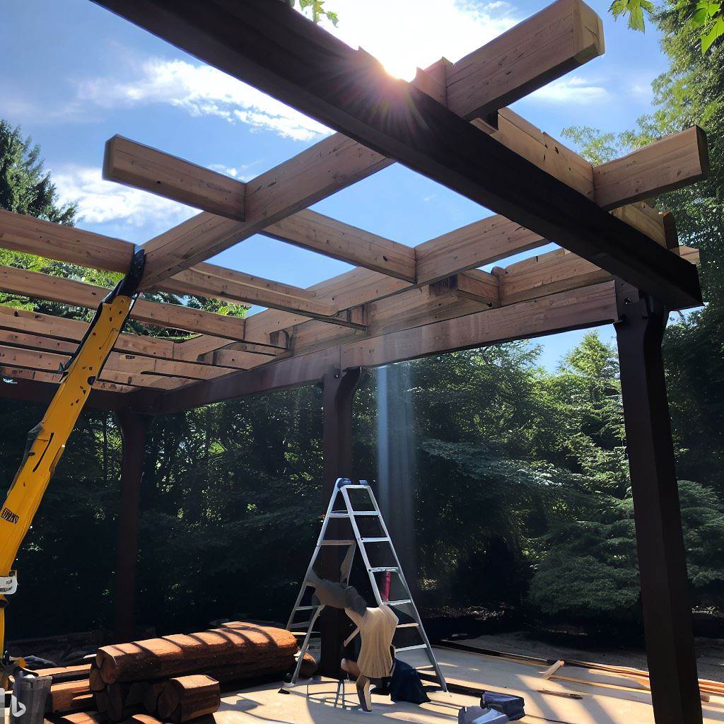 a pergola with a folding chair under it