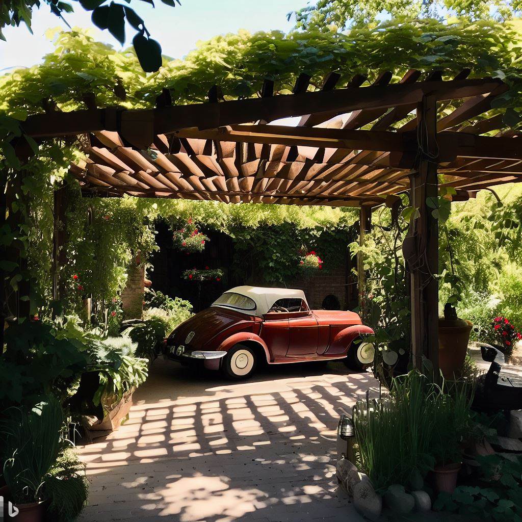 a pergola with a red car parked in it