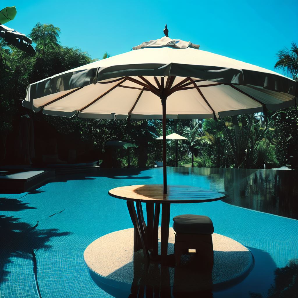 in pool umbrella with table 