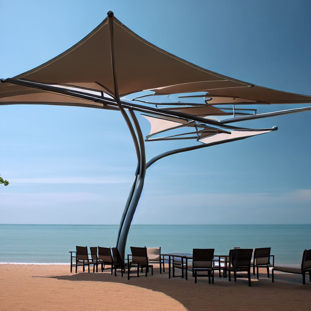  a cantilever umbrella in a beach with chairs under it