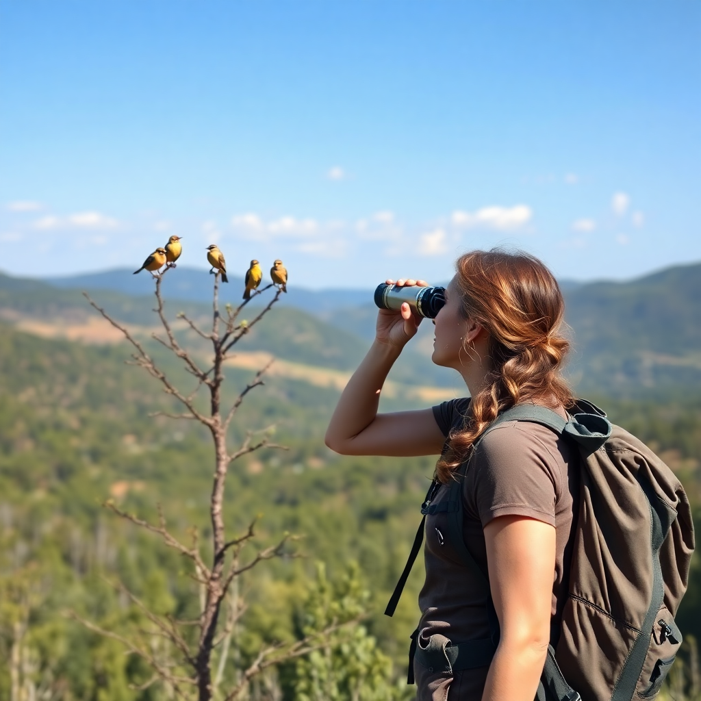 Bird watching: A woman with a backpack observes a group of yellow birds perched on a tree using binoculars, with a scenic mountainous landscape in the background.