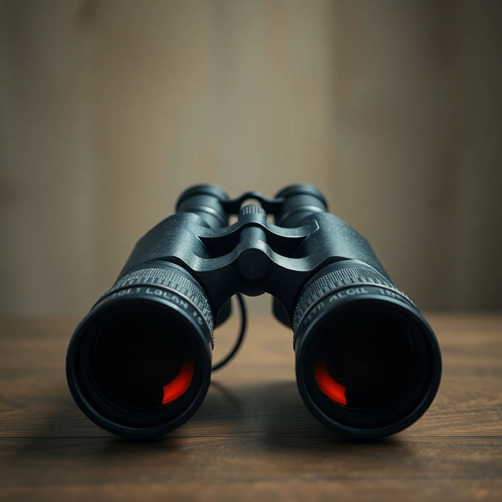 Bird watching: A pair of black binoculars with red-tinted lenses resting on a wooden surface, ready for outdoor bird observation.