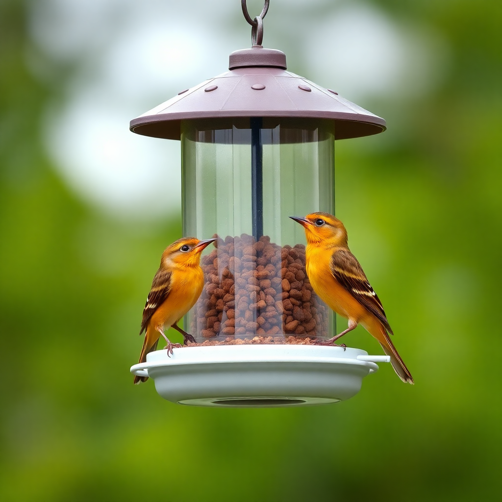 Bird watching: Two vibrant yellow birds perched on a hanging bird feeder filled with seeds, against a lush green blurred background.