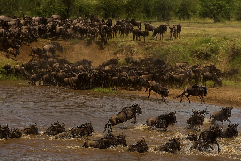 Wildebeest crossing the Serengeti during wildlife tours Africa