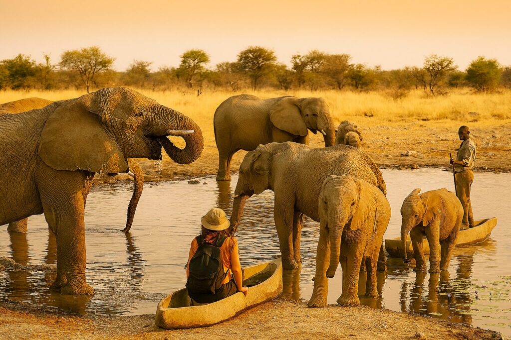 Elephants at waterhole in Etosha National Park on wildlife tours Africa