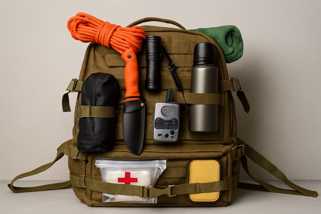 Survival kit essentials packed in a backpack for outdoor adventure