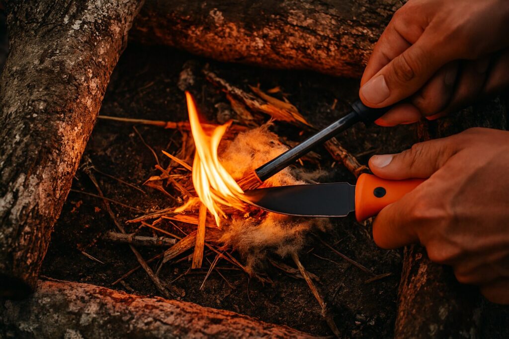 Firestarter in survival kit essentials being used to light a campfire