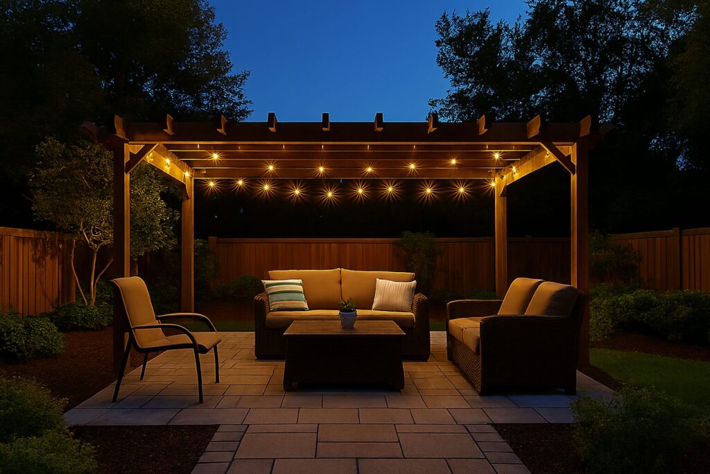 Beautiful backyard showing where to place pergola in backyard for shade and style