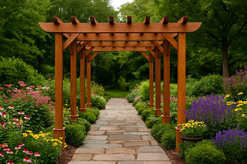 Where to place pergola in backyard walkway for shade and charm