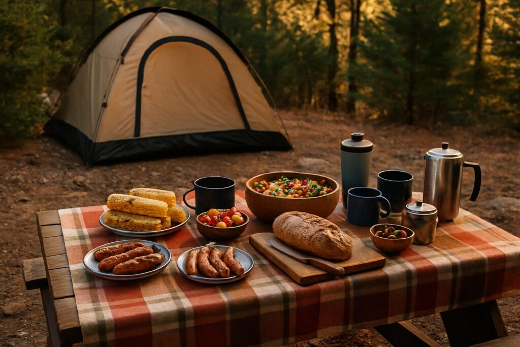 Camping meal hacks with easy outdoor food setup at campsite