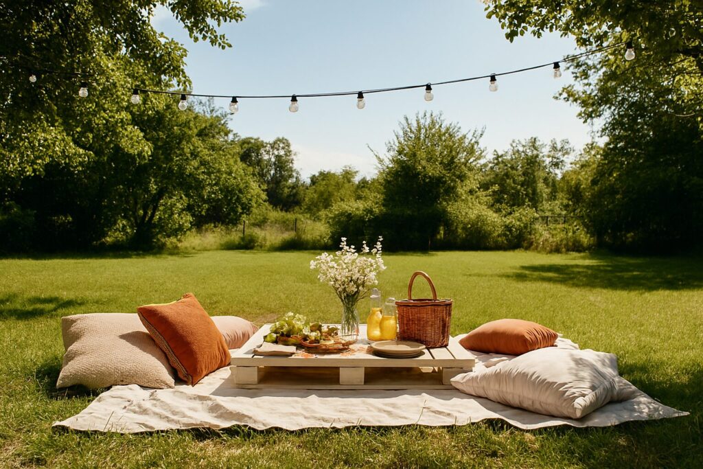 Outdoor party hacks: cozy outdoor seating with foldable chairs, DIY log stools, blankets, and floor cushions