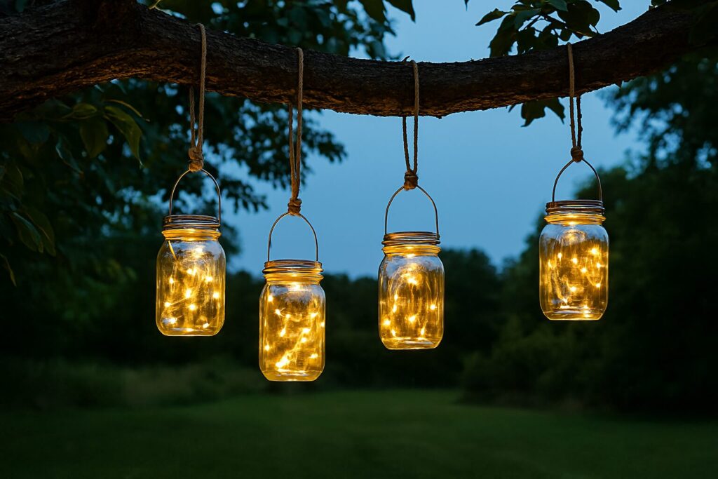 Outdoor party hacks: mason jar solar lights and fairy lights illuminating a backyard gathering