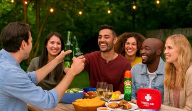 Outdoor party hacks: friends enjoying a backyard outdoor party with lights, food, and cozy seating