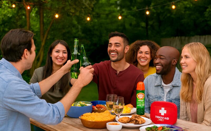 Outdoor party hacks: friends enjoying a backyard outdoor party with lights, food, and cozy seating