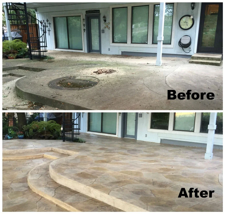 Before and after showing the best ways to cover a concrete patio with outdoor furniture and rugs