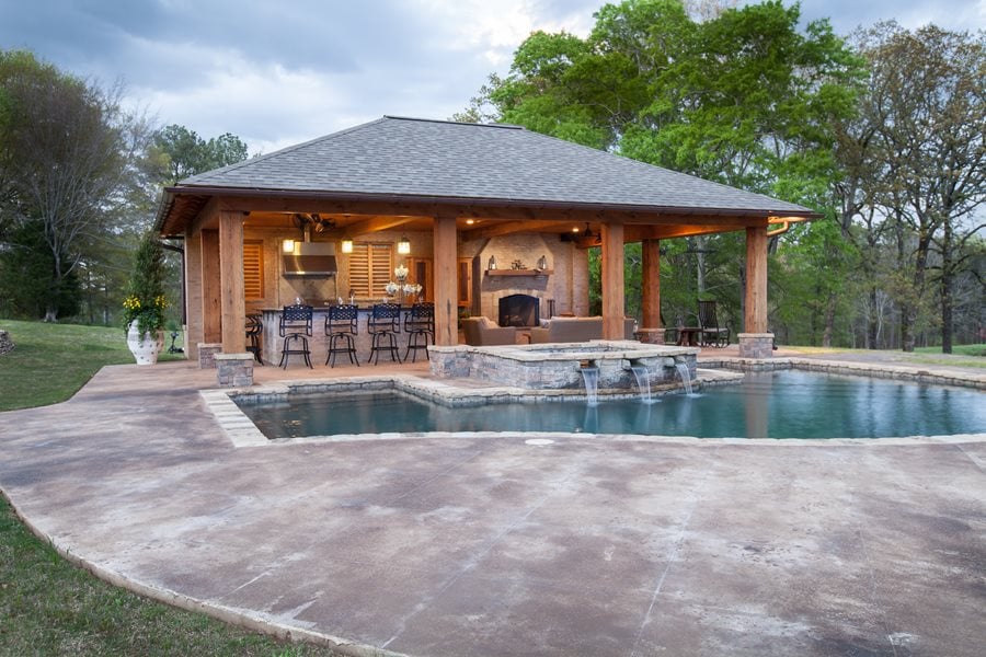 Luxury cabana outdoor structure with shade and curtains